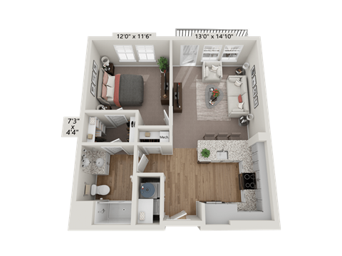 Floor plan for 1 bed, 1 bath, 684 sqft